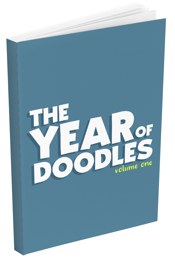 A mock up of the drawing prompts book The Year of Doodles volume one